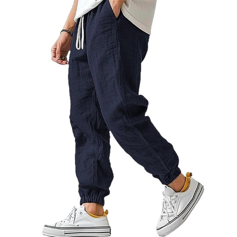 Men High Quality Cotton Linen Casual Pants Elastic Waist Solid Color Breathable Comfortable Straight Leg Cuffed Trousers