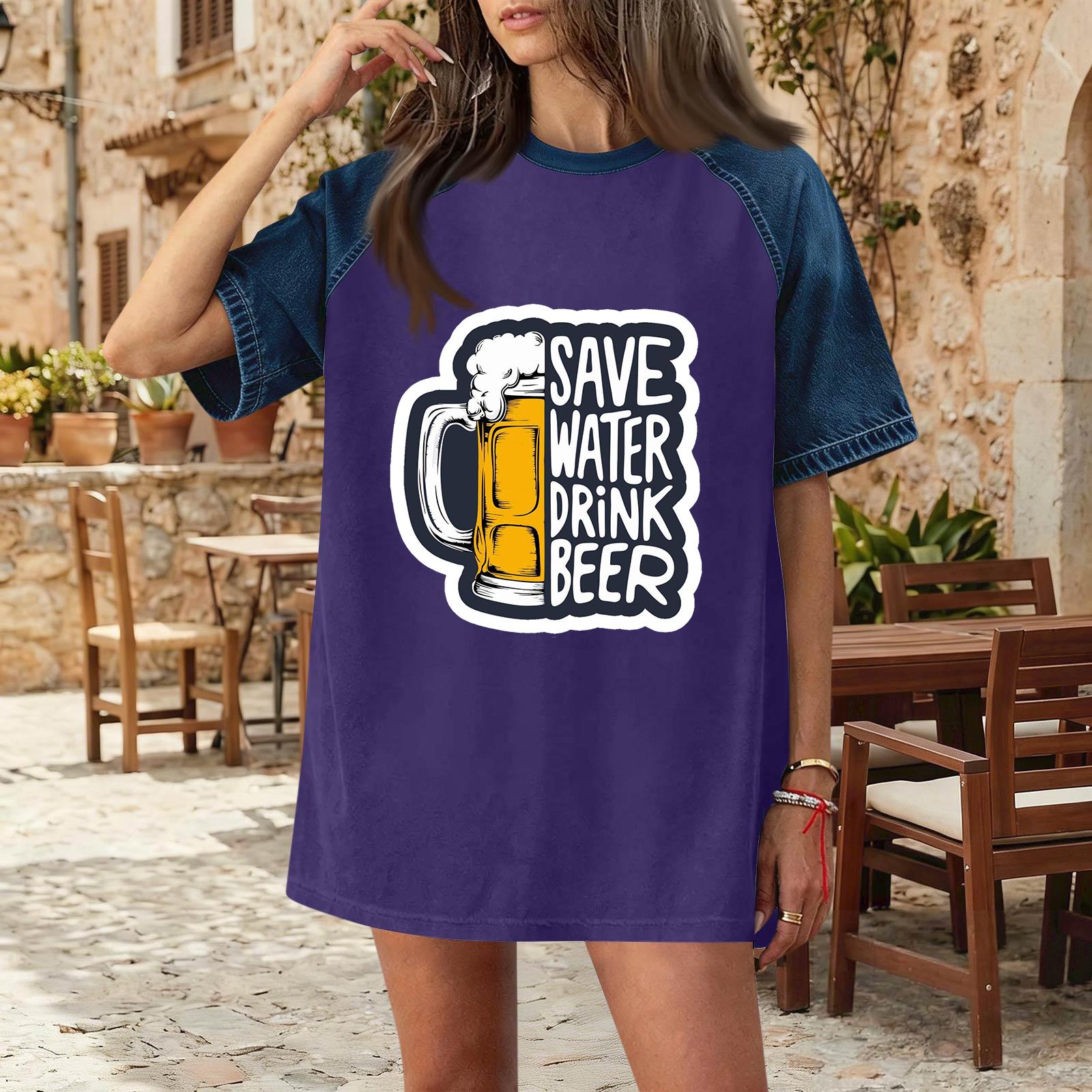 

Casual Women Denim Patchwork Oktoberfest Graphic T Shirt Comfortable Short Sleeve Loose Fit Top for Daily Wear XXXL фиолетовый