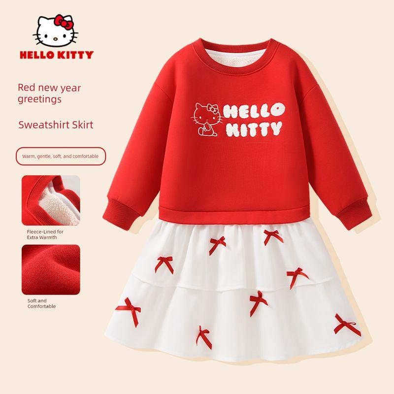 Hellokitty Girls' Fleece Sweatshirt Autumn and Winter All-In-One Fleece Red Festive New Year Clothes Year of the Horse Kidsren's New Year Clothes