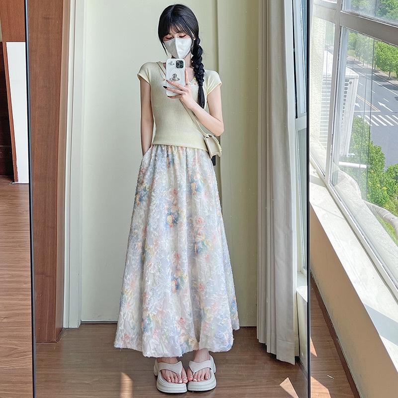 Женская юбка-трапеция с цветочным принтом и высокой талией - Коллекция 2026: Лето, Пушистый, Красивый, Дизайн фонарика «Дофаминовый взрыв» Small синий