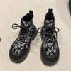 SyfIyno autumn and winter new printed fashion women's boots with lace up round toe thick soled short boots plus size 35-42
