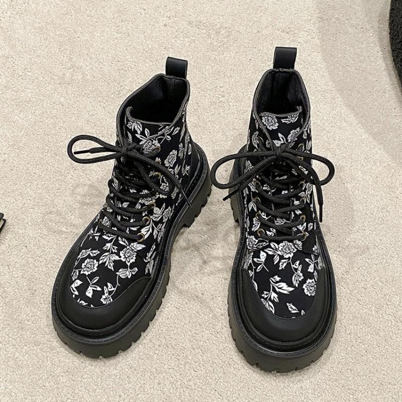 SyfIyno autumn and winter new printed fashion women's boots with lace up round toe thick soled short boots plus size 35-42