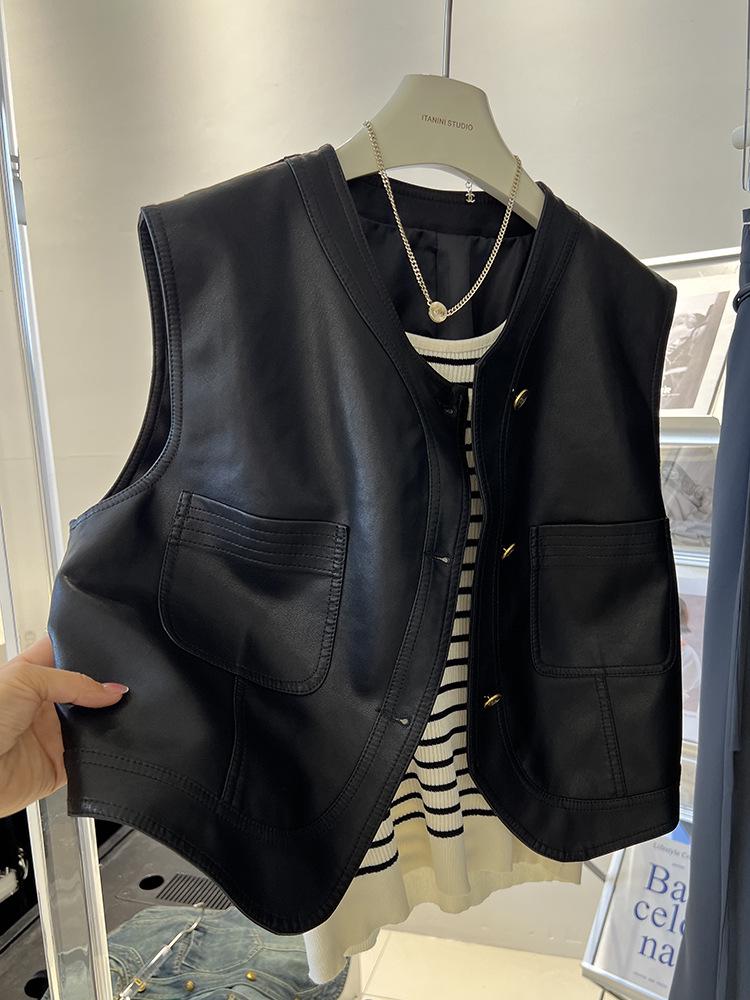 Women's PU Leather Motorcycle Vest - Short Sleeveless Waistcoat, 2025 Autumn Korean Style Outerwear
