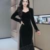 High-End Velvet Sequin Slimming Square Neck Dress