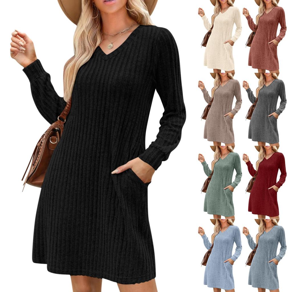 Womens V Neck Fall Dresses Long Sleeve Casual Sweater Short Dress Fashion Clothes