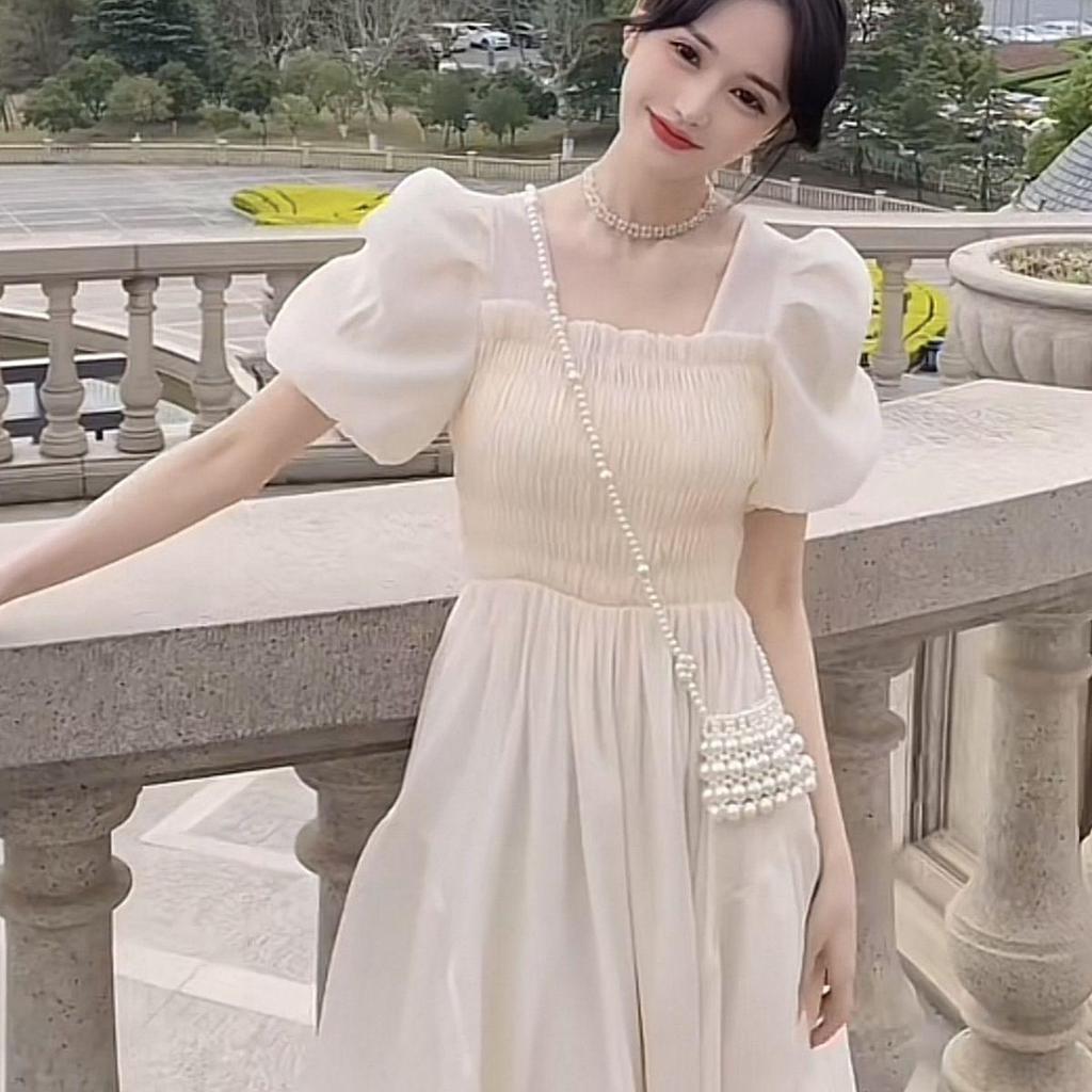Gentle Style Summer Dress: French Square Neck, Puff Sleeve, Slim Fit, Campanula Style.