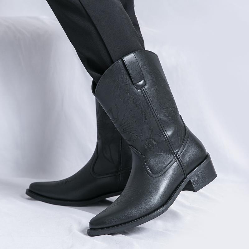 New 22 Seasons European and American Western Cowboy Boots Wooden Root Embroidered Mid-Leg Leg Boots Knight Pointed Leather Boots