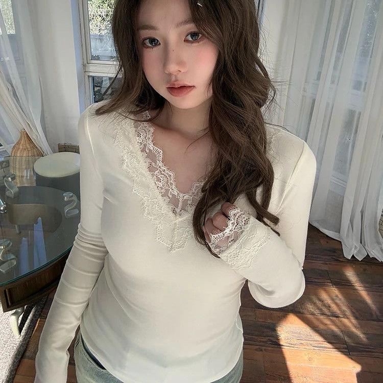 

Lace V-Neck Women s Long Sleeve Slim Fit Shirt for Autumn and Spring Small