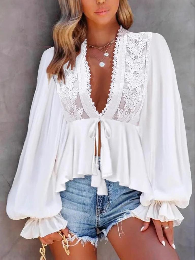 2024 Autumn Bow Lace V-neck Long-Sleeve Top for European & American Markets