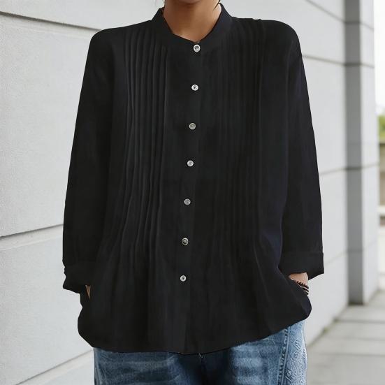 Women Shirt Pure Color Stand Collar Long Sleeve Single-Breasted Button Casual Tops Work