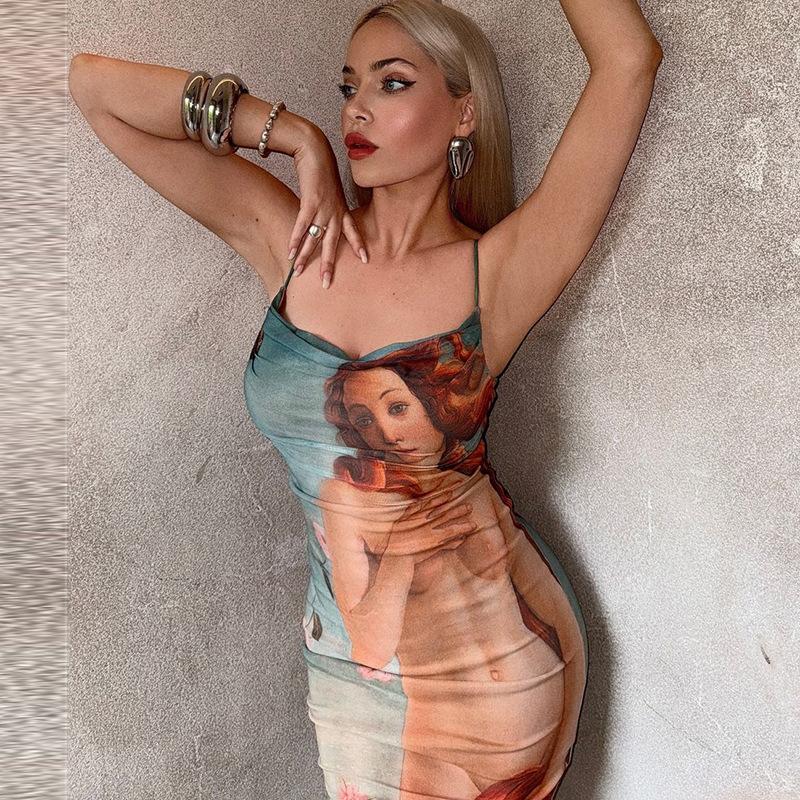 Dámské módní postavy Tisk Sexy ohlávkové šaty Úzké šaty bez rukávů s rozparkem
