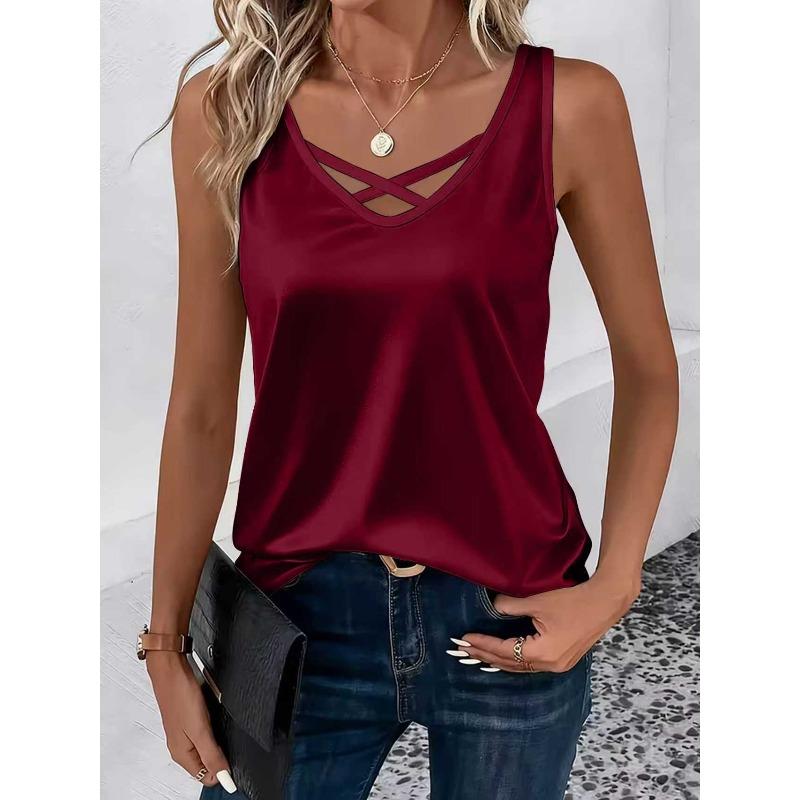 BITCED Women's Fashion Casual Solid Color Print  Sleeveless V-Neck Blouses & Shirts