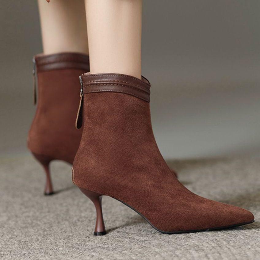 Brown elegant back zipper temperament fashionable versatile short boots women's retro matte suede pointed stiletto high heels women's