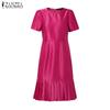 ZANZEA Women Casual Round Neck Summer Short Sleeve Satin Dress