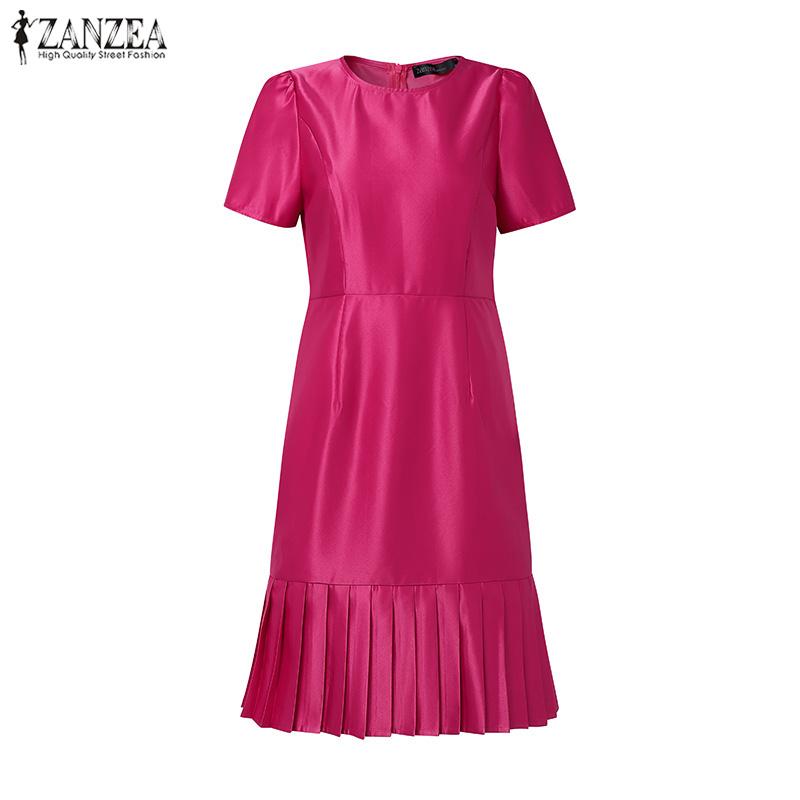 ZANZEA Women Casual Round Neck Summer Short Sleeve Satin Dress