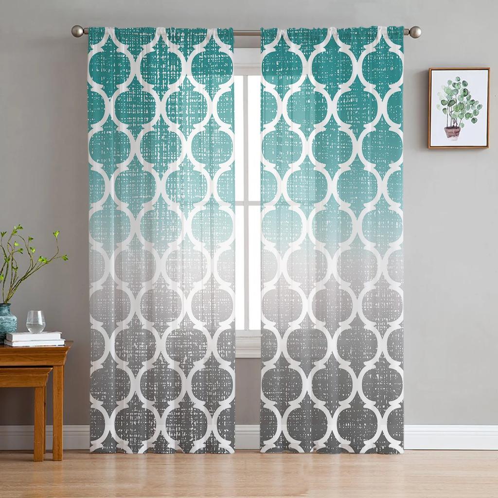 Golden Yellow Blue Geometric Moroccan Retro Transparent Curtains Perfect for Living Room Decoration Window Panel Curtain Kitchen Tulle Sheer Fabric