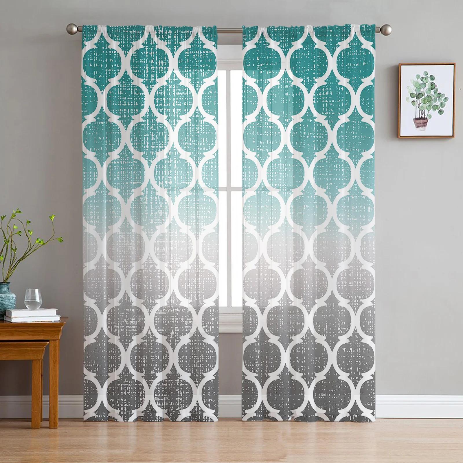 

Yellow Blue Geometric Moroccan Retro Sheer Drapes Ideal for Living Room Decoration Window Curtain Kitchen Tulle Sheer Fabric Organza Drapes W135 x H115cm x1&Grommet Top