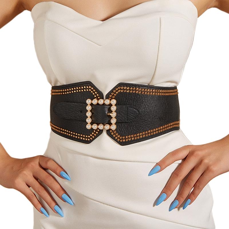 Креативный женский пояс на талию с пряжкой-жемчужиной, женский квадратный пояс с жемчужной пряжкой, эластичный пояс для женского пальто 1 чёрный