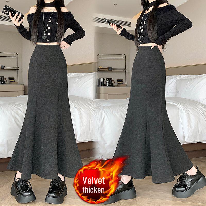 Off-White Fleece-Lined Woolen Mermaid Skirt - High-Waisted 2025 Autumn/Winter Mid-Length Skirt for Women