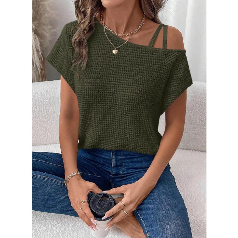 Short-sleeved Solid Tops for Women Summer New Styles Versatile Off-shoulder Knitted Women's Clothing