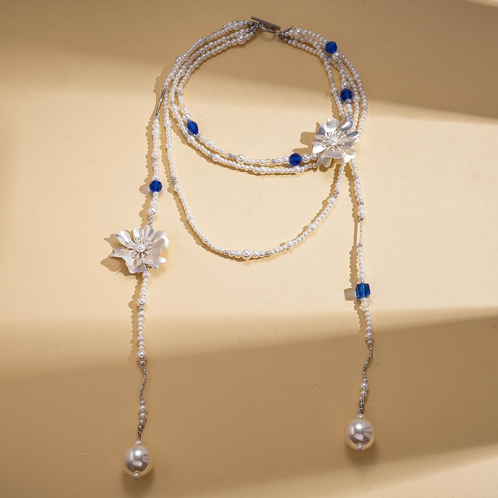 Heavy Industry Glass Pearl Beaded Flower Multi-layer Necklace Sweater Chain Necklace