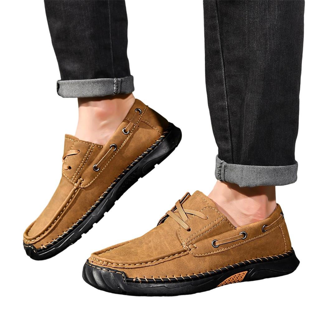 Men's Casual Large Size Lace-Up Round Toe Leather Loafers Slip-On Shoes Durable Flexible Sole Comfortable Fit