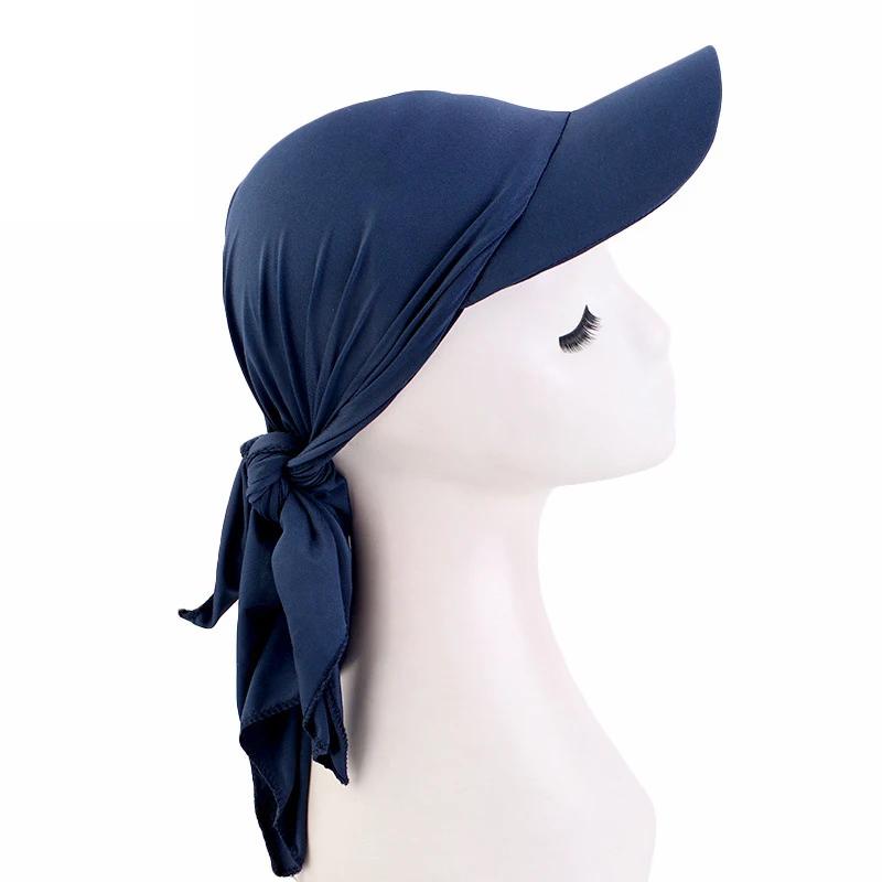 

Muslim Women Brim Cap Sun Visor with Pre-Tied Elastic Turban Caps Head Scarf Hijab Female Hair Loss Outdoor Hat Bandana Headwrap