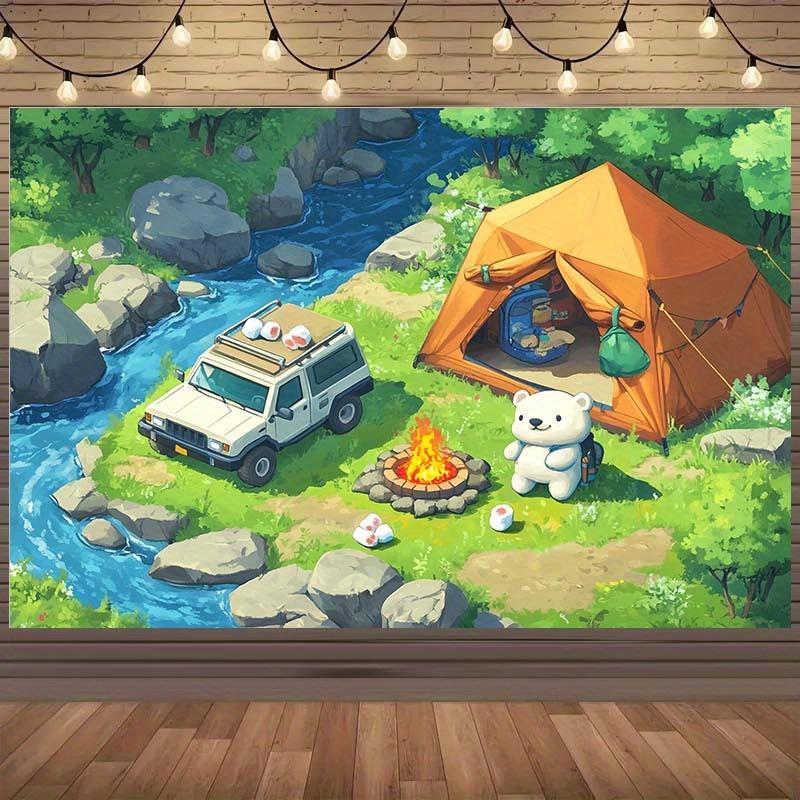 1pc camping adventure themed background with teddy bear  orange tent  and stream off-road vehicle 150X100