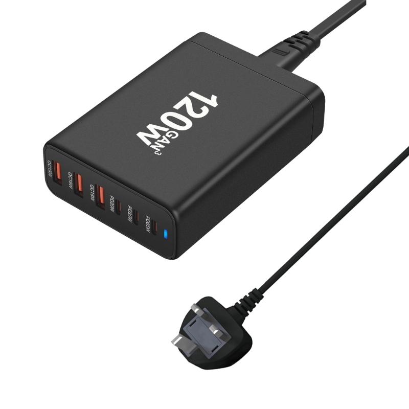 Portable 120W USB Charging Station with 6 Port, 3 Type C PD and 3 USB A for Phones Tablets Simultaneous Device Charging