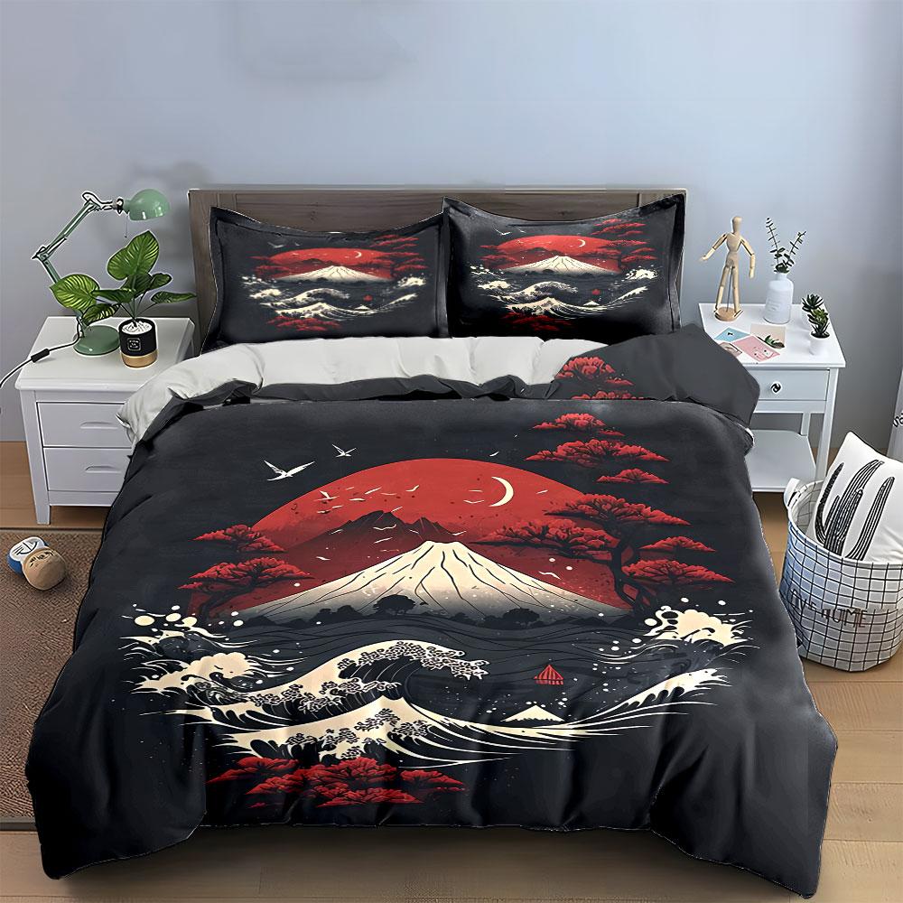 Red Sun and Waves Art Print Bedding Duvet Cover Set Duvet Cover Pillowcases  (1*Duvet Cover 2*Pillowcases, without duvet insert)