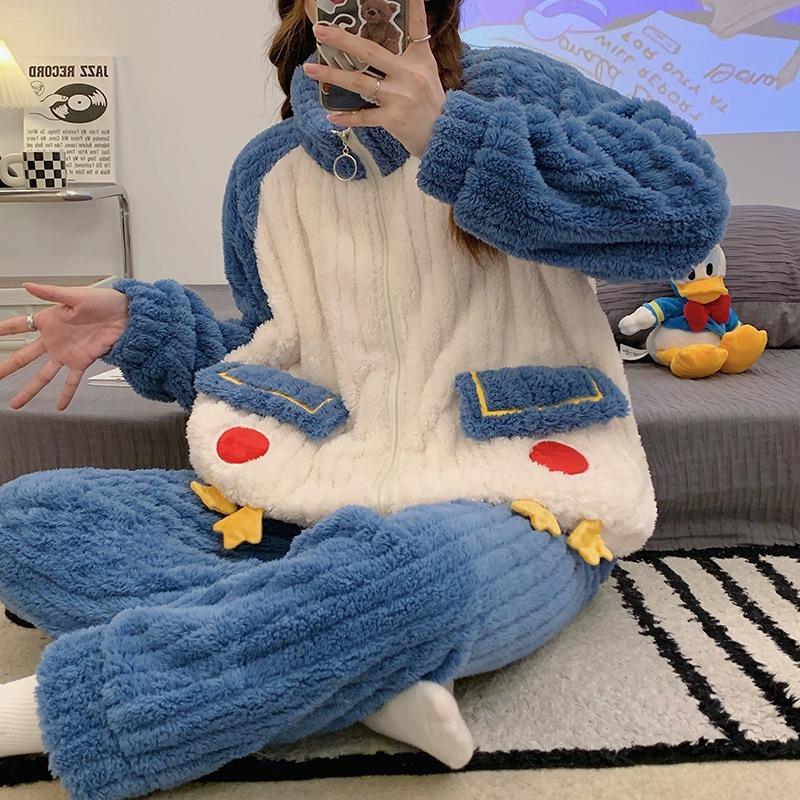 Nightgown Female Autumn and Winter Coral Velvet Thickened with Velvet Comfortable Loose Outside Wearing Long Pants Winter Warm Long Sleeve Long Suit