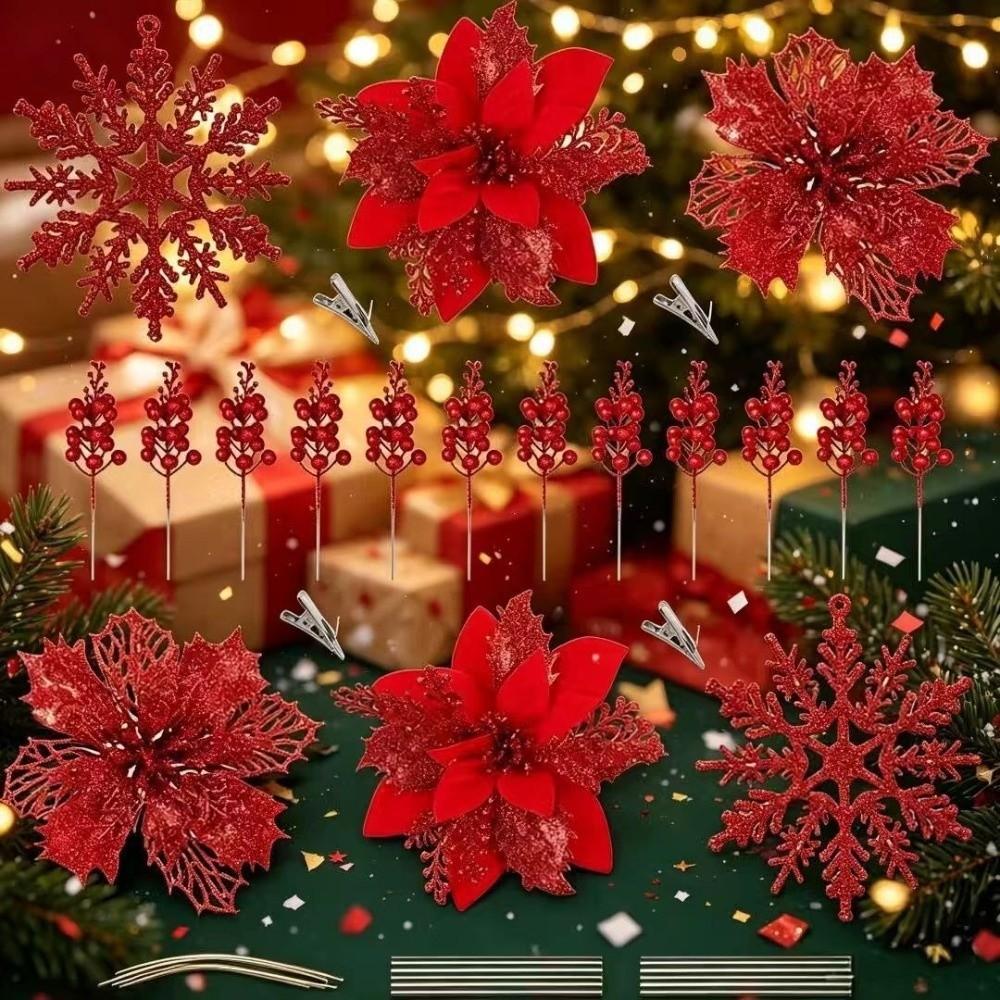 30pcs Set Multipurpose Artificial Christmas Flowers Glitter Poinsettia Flowers  for Party Decoration