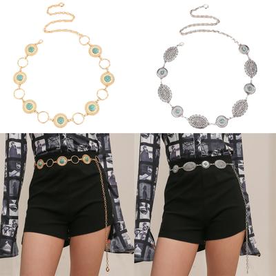 Women Alloy Waist Belt Ethnic Style Adjustable Waist Belt Women Dress Shirt Waist Belt with Relief Sapphire Buckle