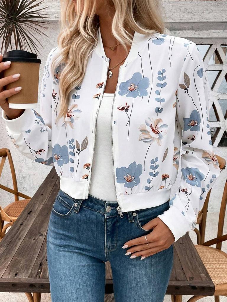 Womens Ladies Retro Floral Zipper Up Jacket Casual Coat Outwear