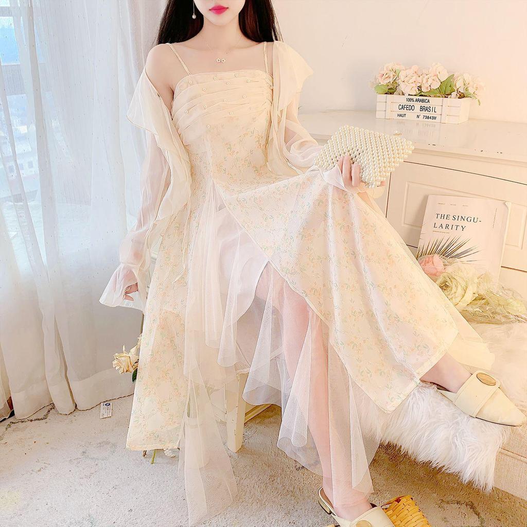 Fairy Forest Lace Floral Spaghetti Strap Summer 2026 Women's Two-Piece Beach Vacation Dress