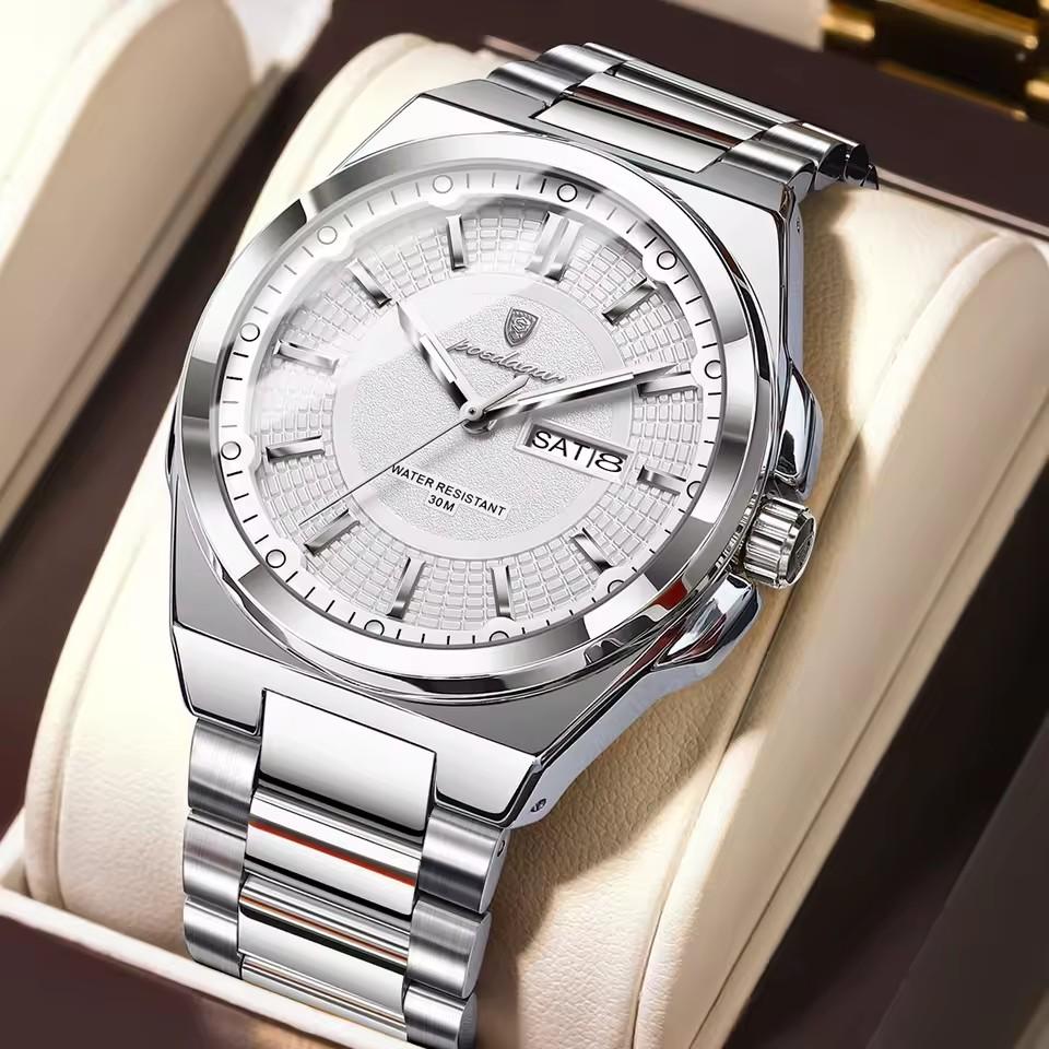 POEDAGAR 896 Stainless Steel Strap Fashion Gold Dial Diver Watch Men Waterproof Date Quartz Clock Sport Luminous Watches Relogio