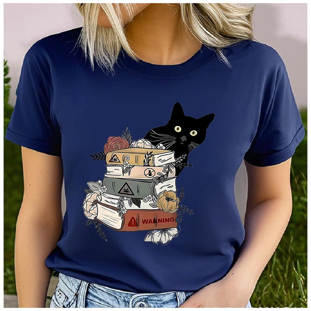 Unisex 100% Polyester Black Cat Print T-Shirt Loose Round Neck Casual Short Sleeve Fashion Top for Summer Vintage Artistic Style