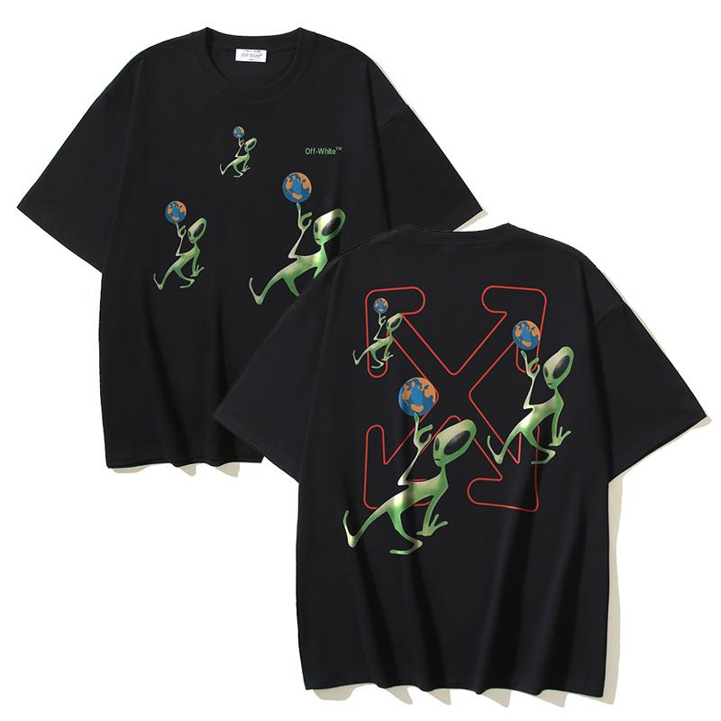 

Off-White 2025 Summer New Alien Cartoon Pattern Printed Short Sleeved T-shirt for Men and Women XL чорний