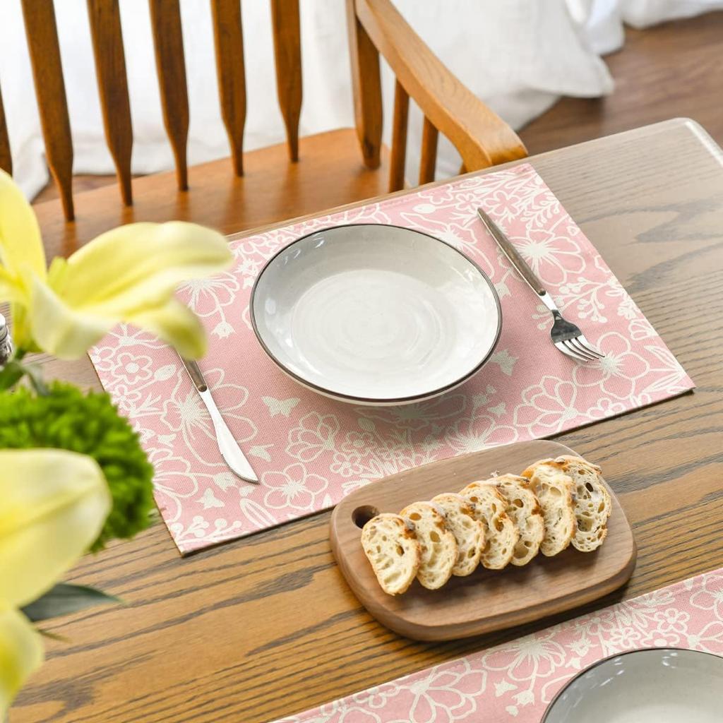 Pink Bloom Flowers Summer Placemats Set of 4, 12x18 Inch Seasonal Spring Table Mats for Party Kitchen Dining Pink Decoration