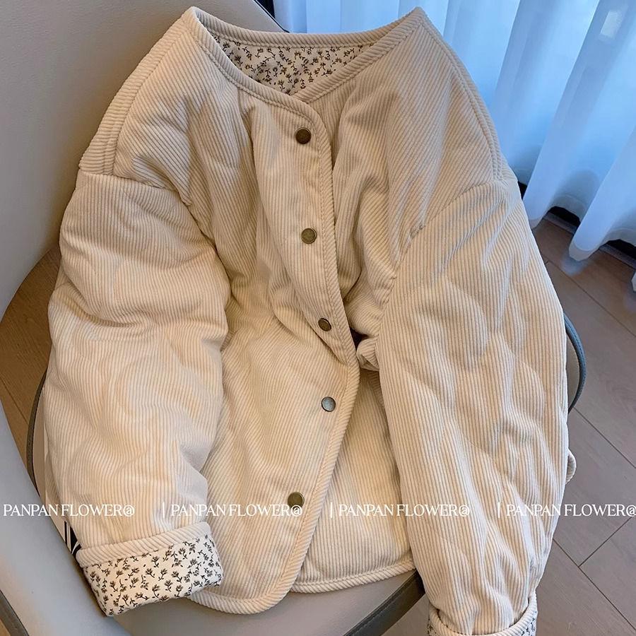 

Women s Corduroy Patchwork Floral Diamond Pattern Loose Cotton Jacket for Winter S 42.5-50 kg