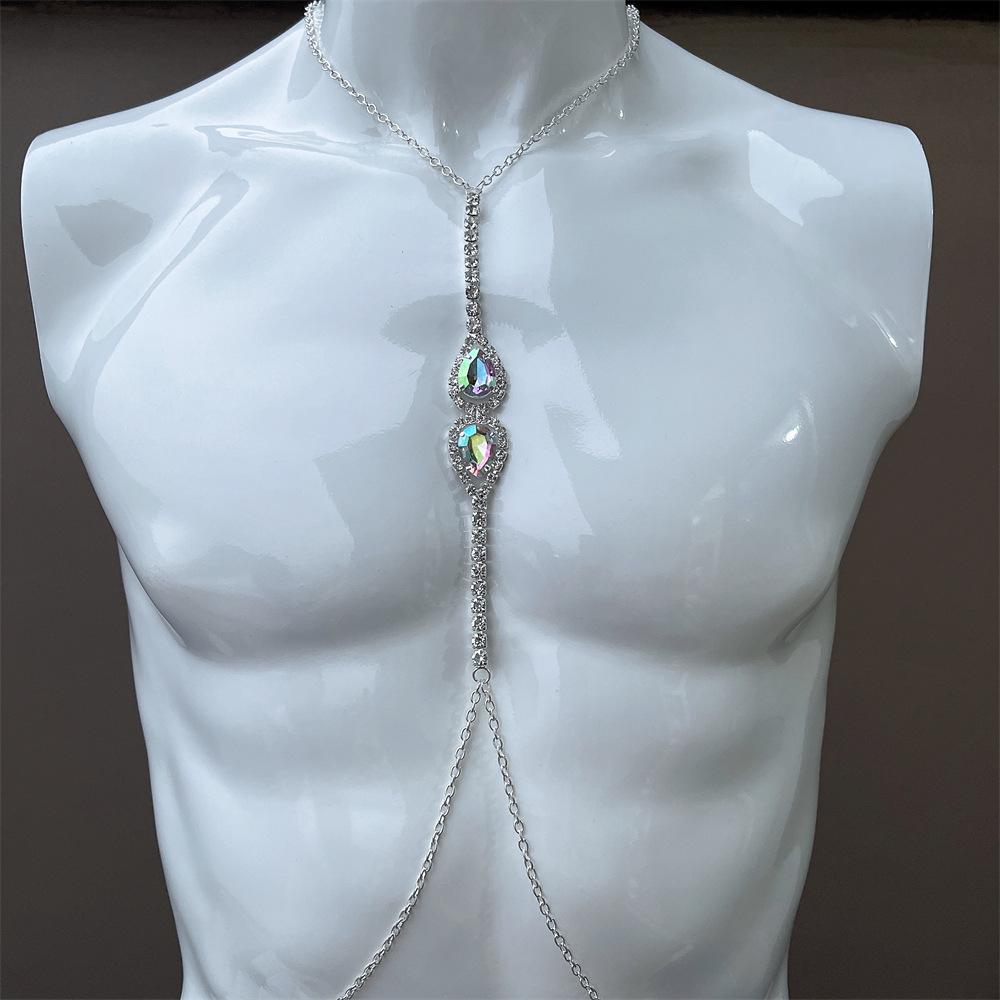 

New Accessories, Fashionable Rhinestone Water Drop Chest Chain Women, Sexy Nightclub Full Diamond Neck Body Chain Silver plated