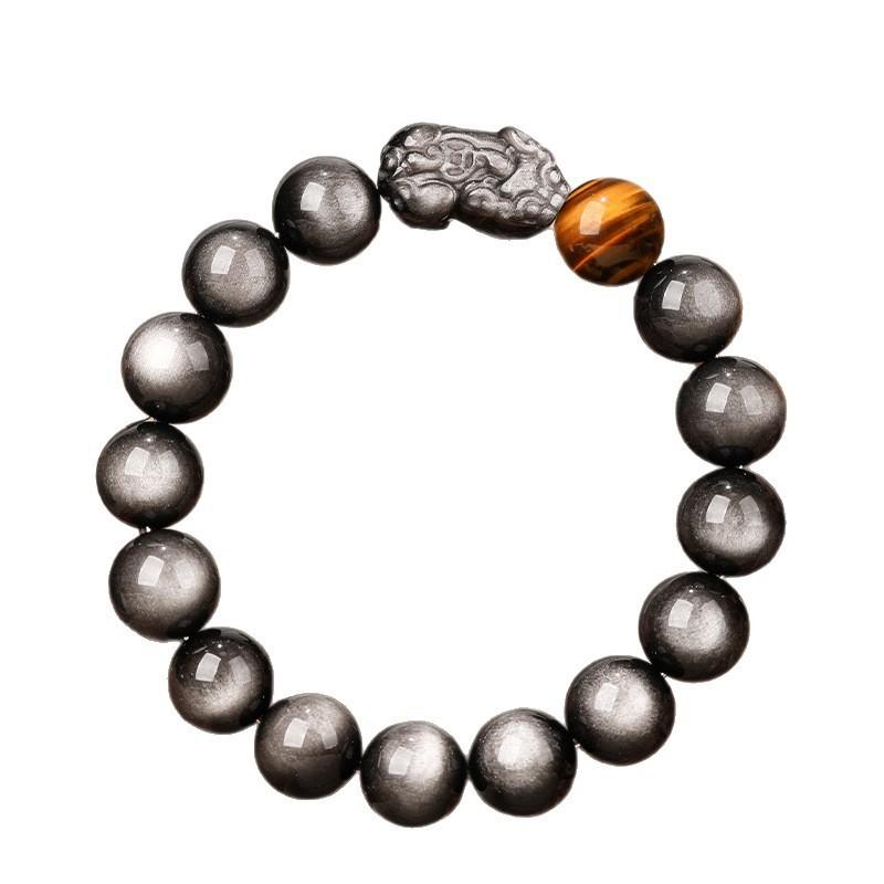 Natural Fortune-Bringing Pixiu Silver Obsidian Yellow Tiger Eye Bracelet High-End Men's Gold Obsidian Tiger Eye Stone Bracelet Gift