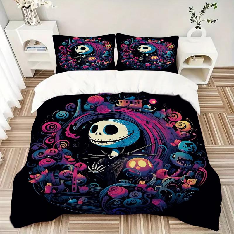 3pcs Fantasy Jack Skellington Bedding Set Includes Quilt Cover and Pillowcases, Suitable for All Seasons B028