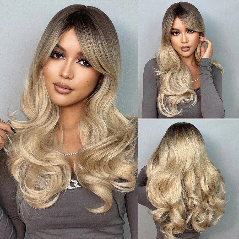 EASIHAIR Dlouhé vlnité blond Ombre paruky s ofinou Tepelně odolné syntetické paruky pro ženy Hnědé kořenové přírodní paruky Cosplay vlasy