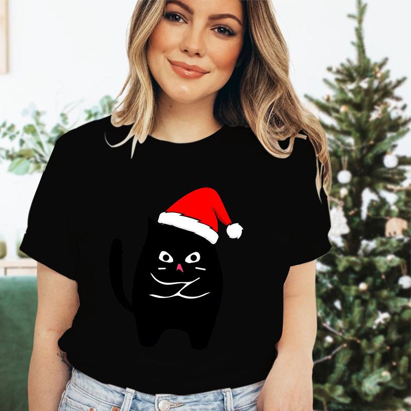 Christmas Black Santa Cat Trend Style Short Sleeve Tshirt Womens Christmas Gift Cute Animals Lovers Cartoon Classic Tshirts