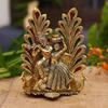 India Peacock Design Radha Krishna Idol Showpiece with Diya for Puja and Home Decor (8 X 6 Inches), Metal, Gold (1 Piece)