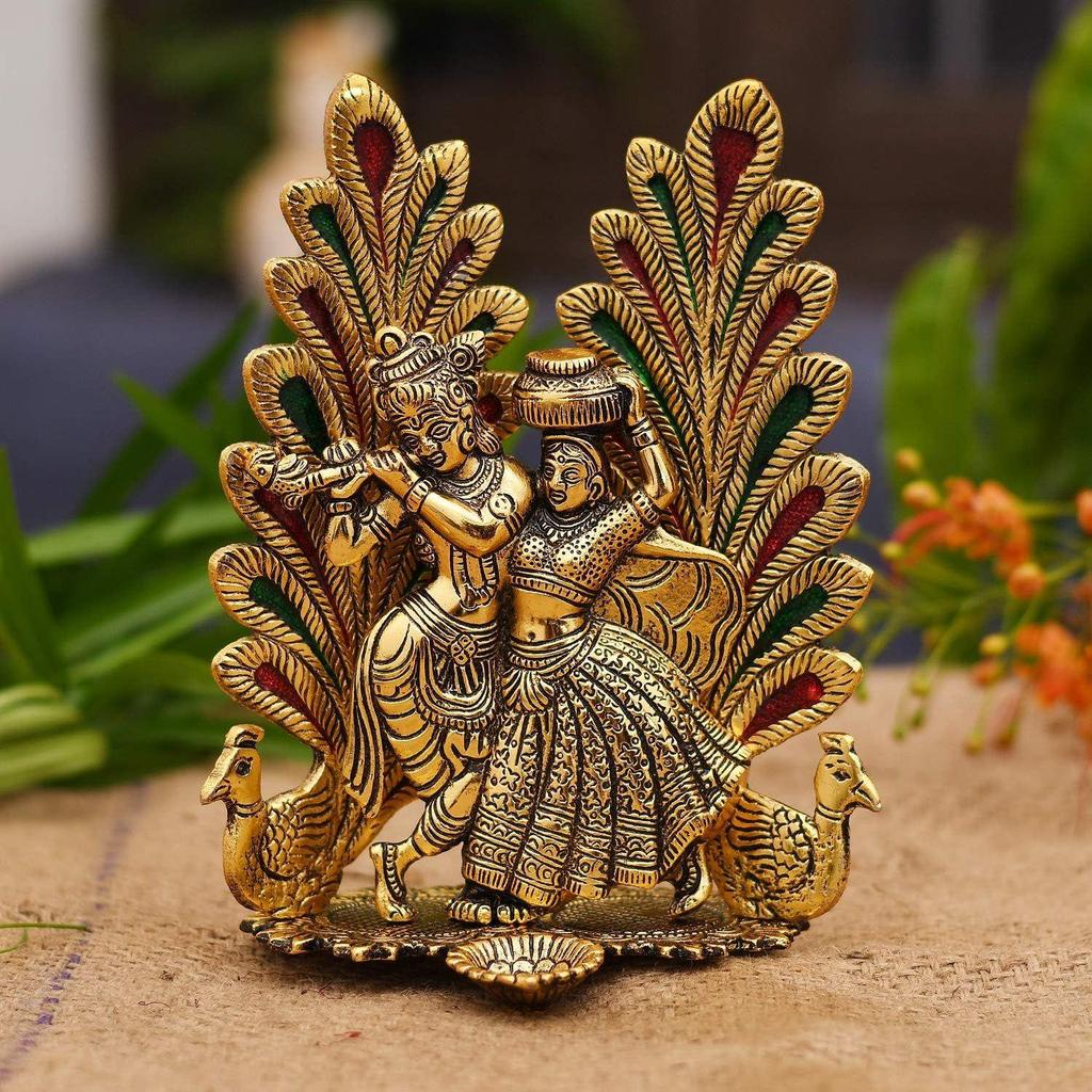 India Peacock Design Radha Krishna Idol Showpiece with Diya for Puja and Home Decor (8 X 6 Inches), Metal, Gold (1 Piece)