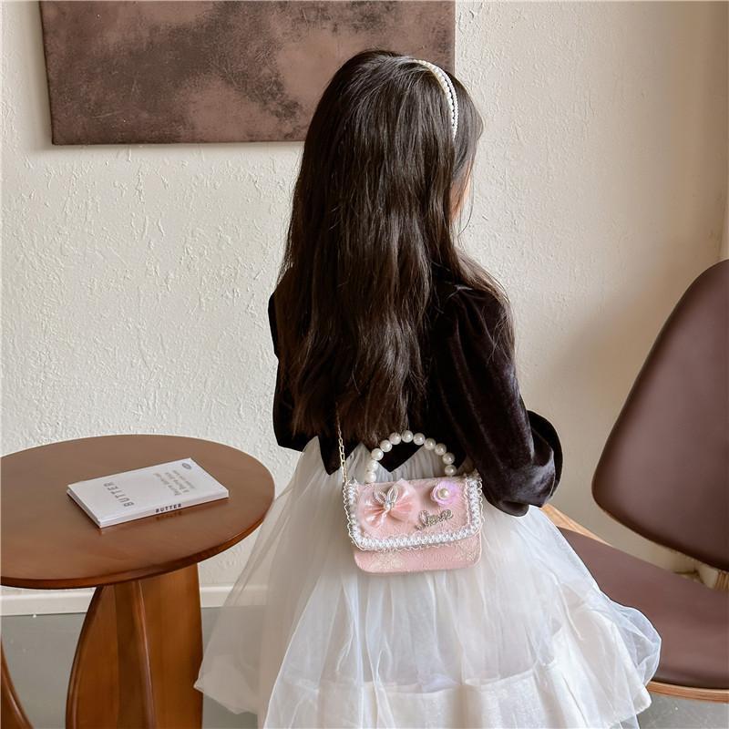 Stylish Lace Princess Mini Pearl Handheld Purse For Girls With Floral Patterns And Breathable Polyester