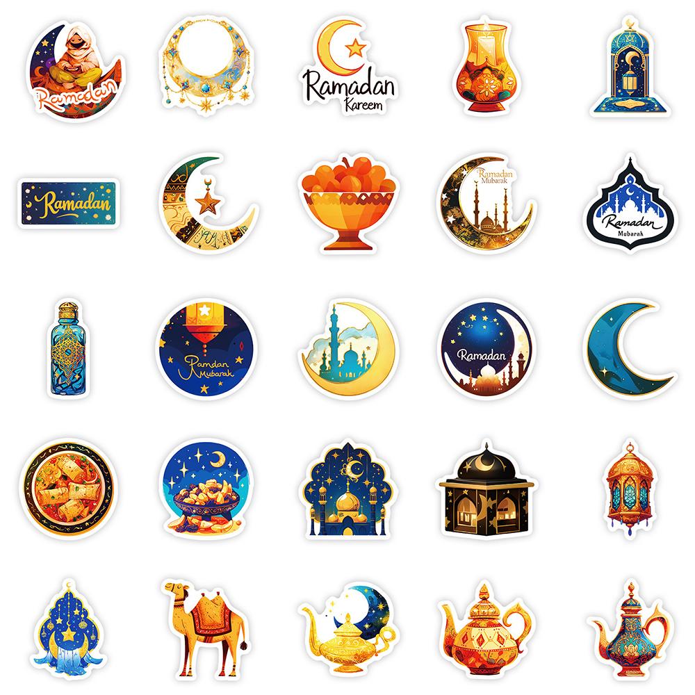 10/30/50PCS Cute Eid Mubarak Cartoon Stickers Ramadan Golden Moon Decals Waterproof DIY Phone Book Laptop Graffiti Sticker Packs