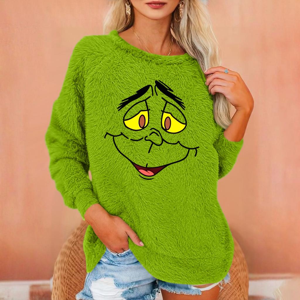 Womens Fuzzy Long Sleeve Pullover Crewneck Sweatshirt with Cartoon Face Print Casual Loose Fit Soft Warm Top for Autumn Winter